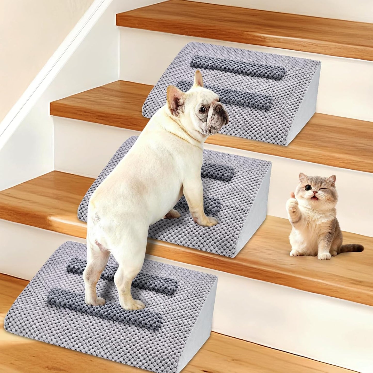 Dog Ramp for Stairs with Anti-Slip Bump for Small & Senior Dogs and Cats – Stair Wedges for Dogs with Gentle Slope, Pet Ramp with Washable Cover & Self-Sticky Pads for Safe Climbing (Gray, 6 Pack)