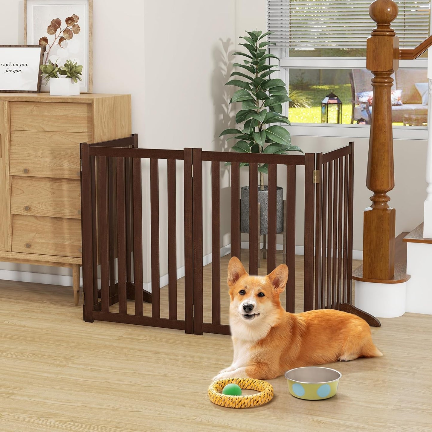 36" Height Extra Tall Freestanding Pet Gate, Solid Wood Folding Safety Fence Wooden Dog Gate with 2 PCs Support Feet Ideal for Stairs, Doorways, Halls, Kitchens, Heavy Duty Gates, 3 Panels, Oak