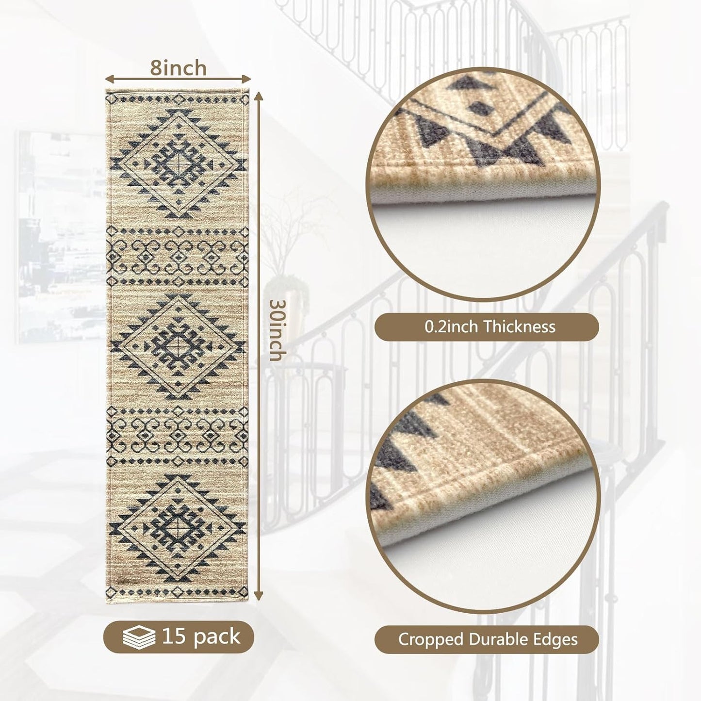 Stair Treads for Wooden Steps, Non Slip Stair Treads Carpet Indoor Residue Free Peel and Stick Washable Stair Covers, Safe for Dogs Kids Elders, Moroccan Beige, 8x30 inch, 4 Pack