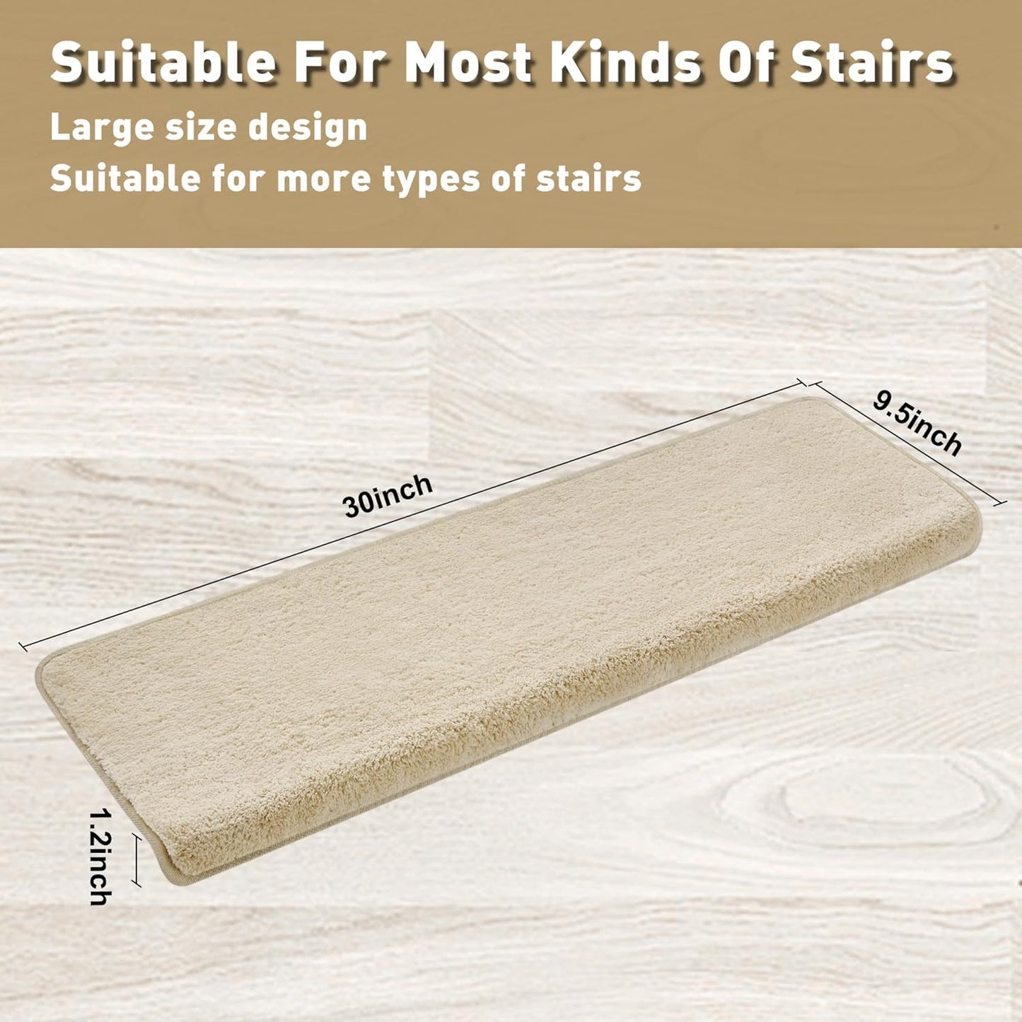 PURE ERA Carpet Stair Treads Ultra Plush 9.5" X 30"Soft Bullnose Indoor Stair Protectors Pet-Friendly Non-Slip Skid Resistant Tape Free Washable Reusable(14 Pieces, Cream Gray)