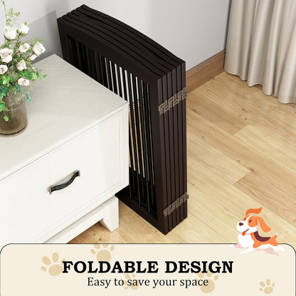 PUPETPO Freestanding Dog Gate with Door, Pet Gate for Stairs, 80 inch Wide Pet Barrier Indoor, Dog Fences Indoor, Support Feet Included, 4 Panels, 24" Tall, Dark Brown