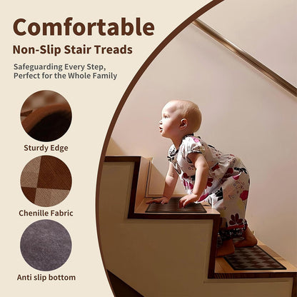Non-Slip Stair Treads for Wooden Steps 15pcs,8"x30" Stair Carpet Treads for Indoor Use,Peel and Stick Stair Runners,Washable Reusable Adhesive Backing,Pet-Friendly Stair Capet for Kids,Elders,Dogs