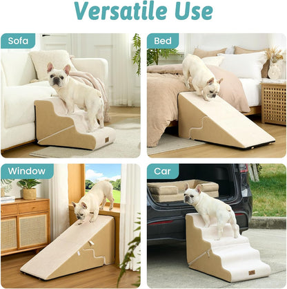 COZY KISS Dog Stairs for Small Dogs, 3-Step 2 in 1 Transformable Pet Stairs for Couch and Bed, 15.7" H Dog Steps for Old Cats, Puppy, Small Dogs (Beige, 17.7x28.3x19.7 in, 4.0)