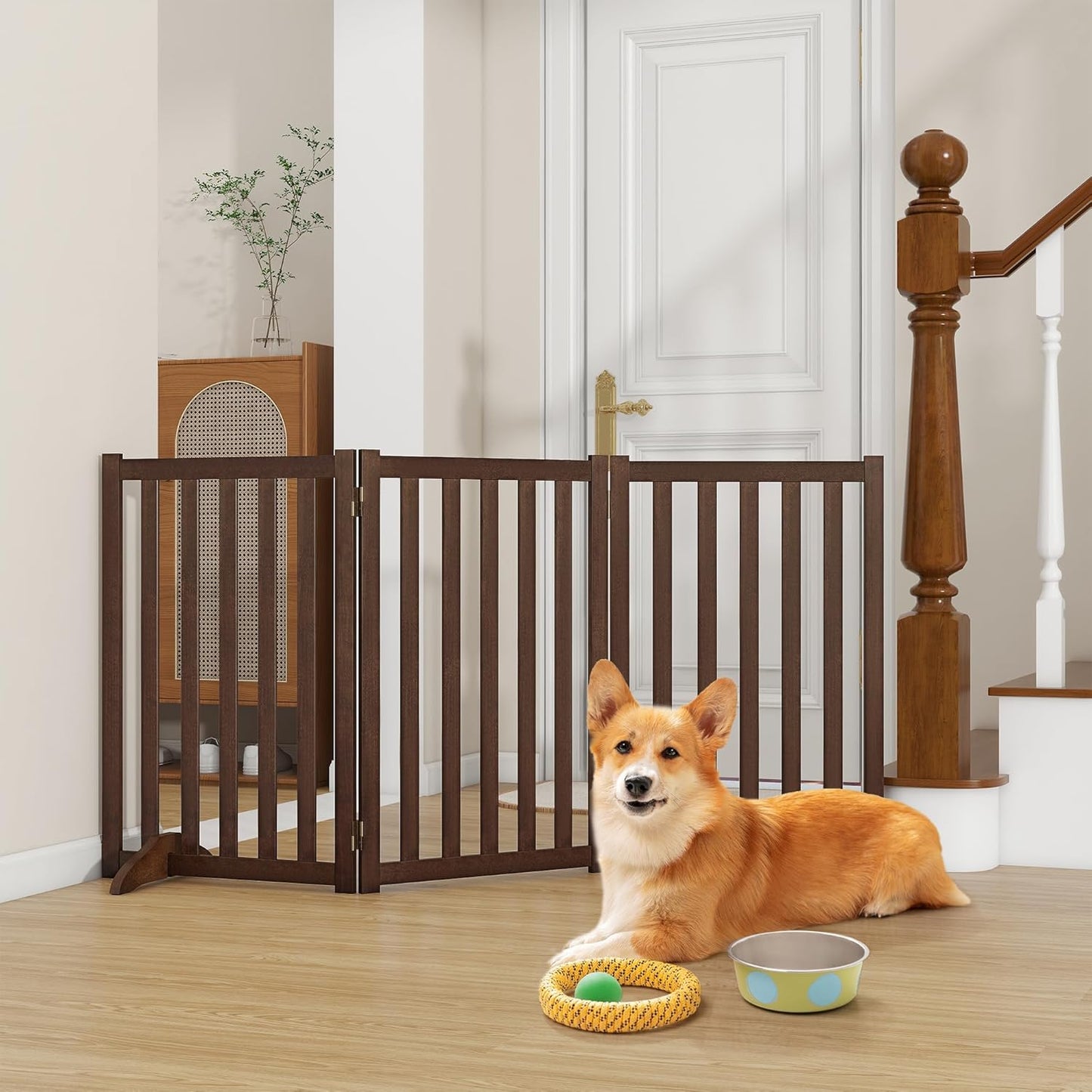 36" Height Extra Tall Freestanding Pet Gate, Solid Wood Folding Safety Fence Wooden Dog Gate with 2 PCs Support Feet Ideal for Stairs, Doorways, Halls, Kitchens, Heavy Duty Gates, 3 Panels, Oak