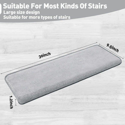 PURE ERA Carpet Stair Treads Ultra Plush 9.5" X 30"Soft Bullnose Indoor Stair Protectors Pet-Friendly Non-Slip Skid Resistant Tape Free Washable Reusable(14 Pieces, Cream Gray)