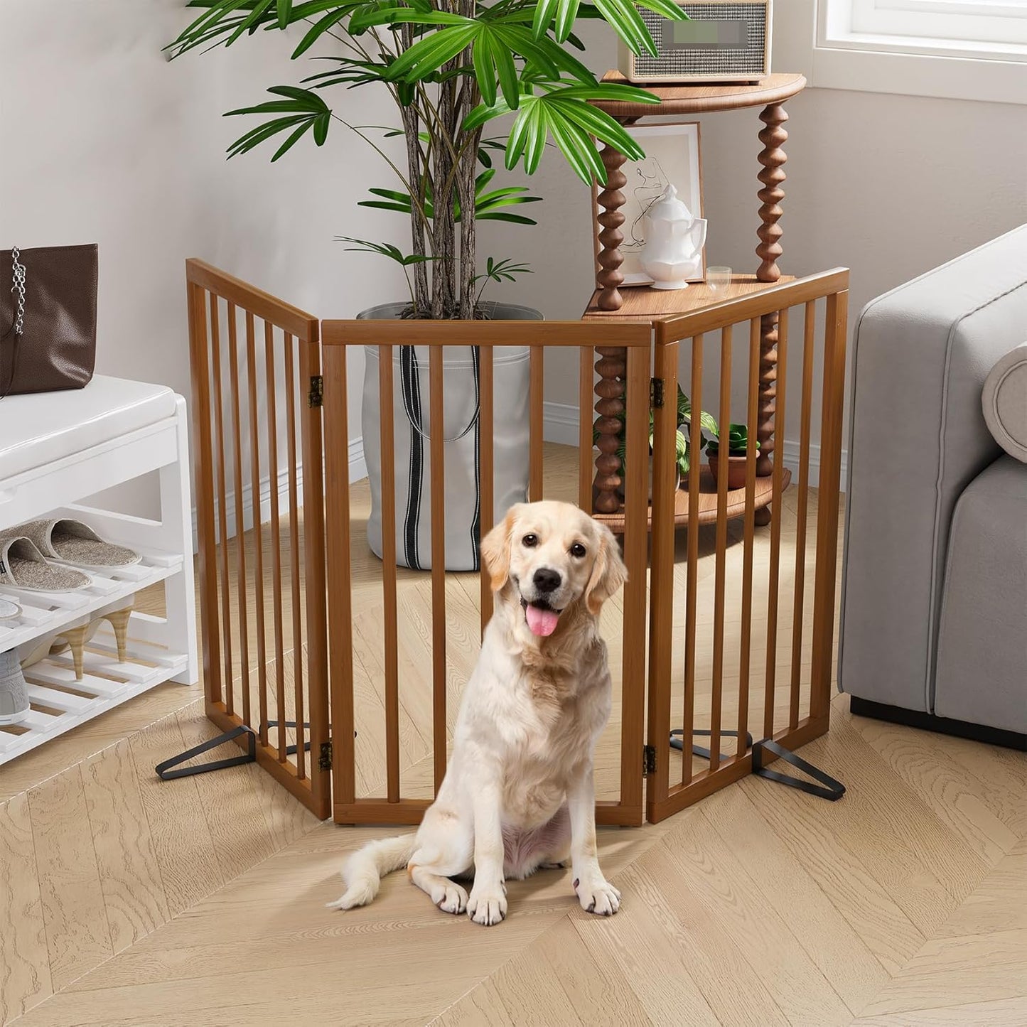 Freestanding Dog Gates Indoor, 3-Panel Pet Gates with 2 Metal Stands and 360° Hinge, 24" H Foldable Dog Gate for Stairs, Doorway, Kitchen, Expands Up to 55" Fully Assembled - Black Walnut
