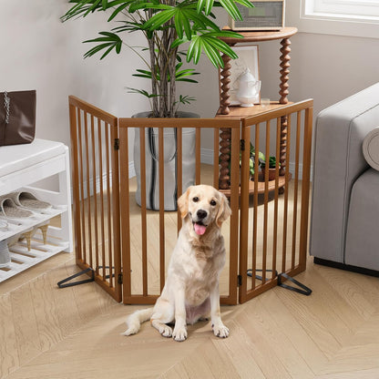 Freestanding Dog Gates Indoor, 3-Panel Pet Gates with 2 Metal Stands and 360° Hinge, 24" H Foldable Dog Gate for Stairs, Doorway, Kitchen, Expands Up to 55" Fully Assembled - Black Walnut