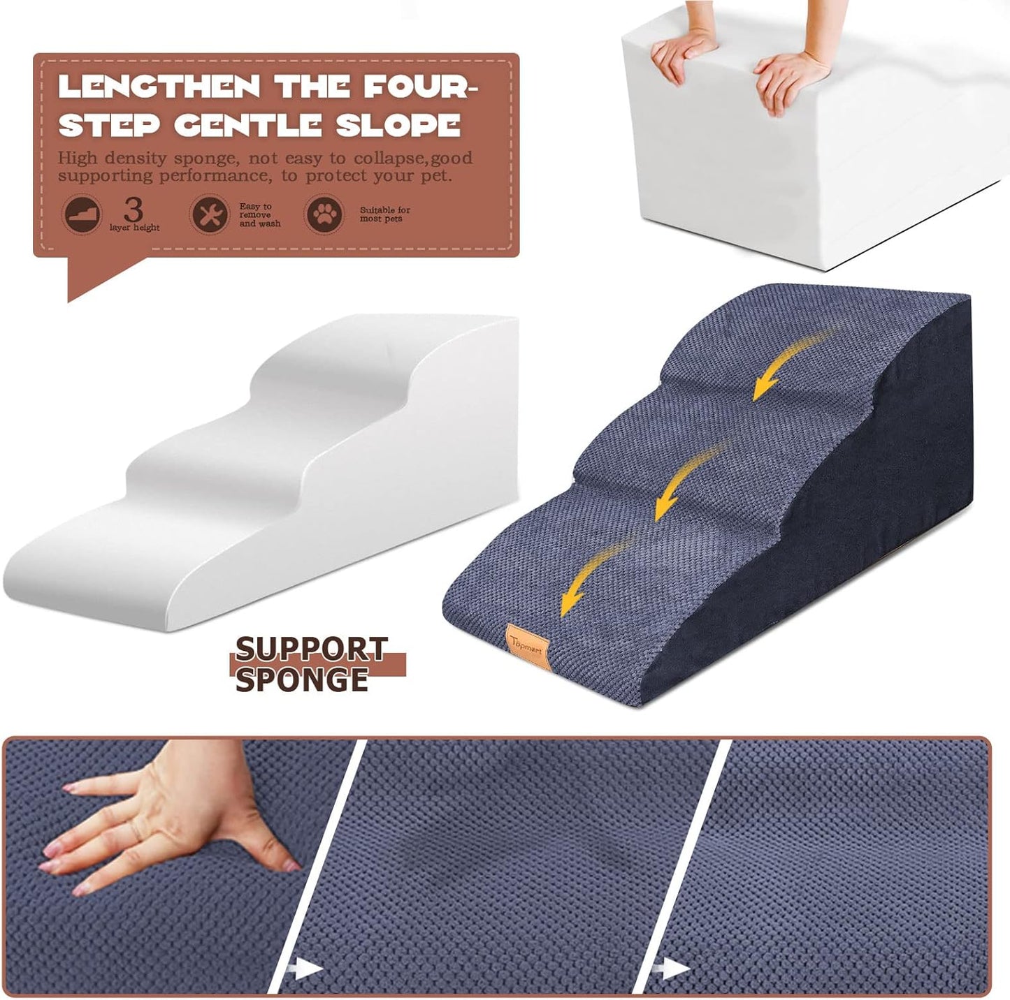 Topmart High Density Extended Foam Dog Ramp&Steps 2 Tiers,11.8" High,Non-Slip Dog Stairs,Soft Foam Pet Ladder with Removable Cover,Best for Injured,Older Cats,Pets with Joint Pain
