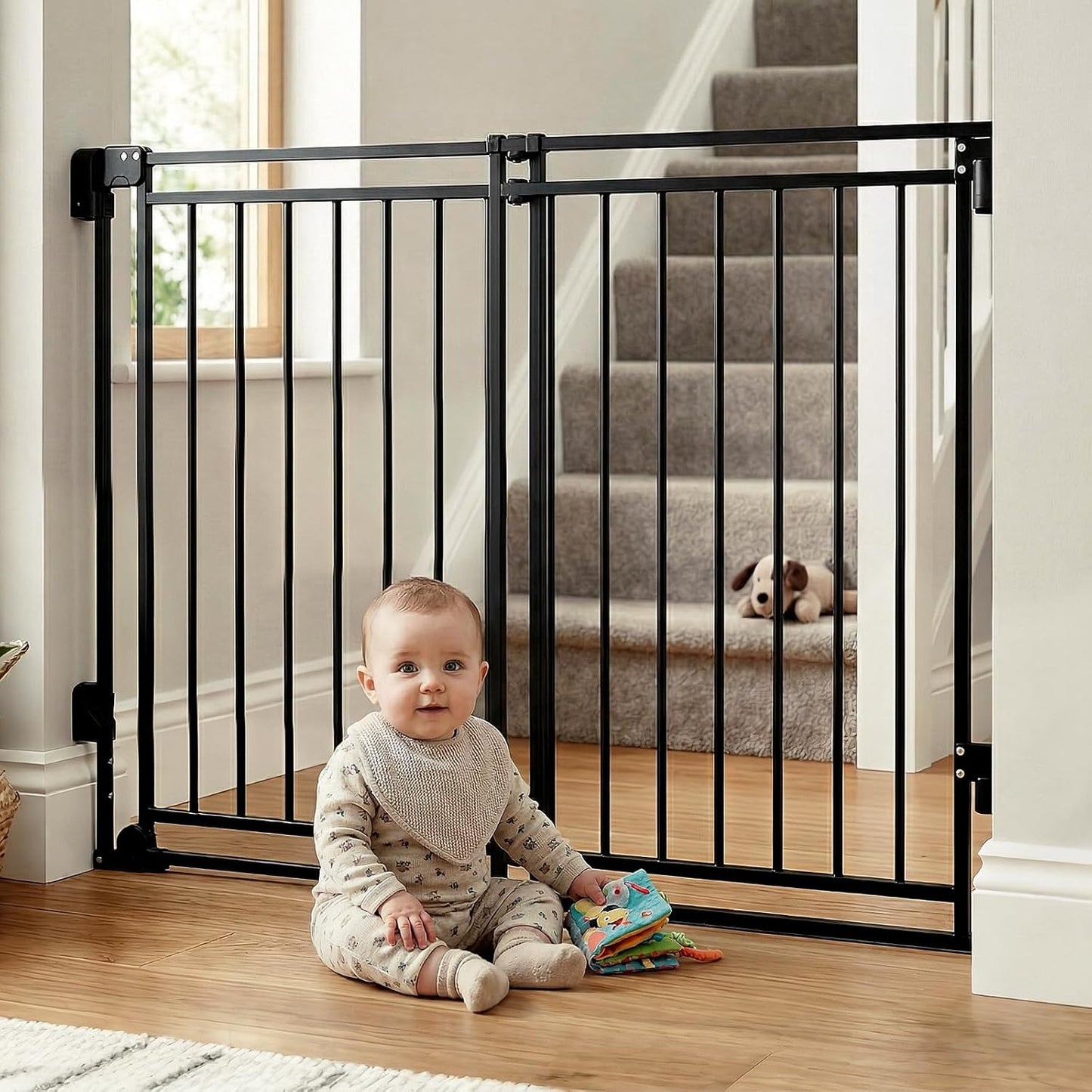 Baby Gate for Stairs & Doorways - Fits Openings 26 to 43 Inches Wide (Must Drill to Install) | 29" Extra Tall with No Bottom Bar | One-Handed Auto-Close Walk-Thru Gate for Kids & Pets, Black