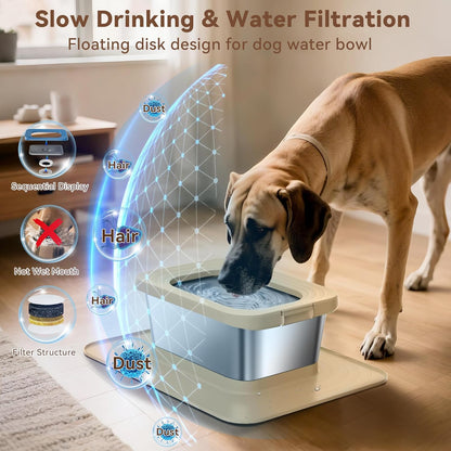 10L No Spill Dog Water Bowl, 2.6 Gal Stainless Steel No Splash Large Dog Water Bowl with Non-Slip Silicone Mat, Spill Proof Slow Drinking Pet Bowls for Messy Drinkers Indoor/Outdoor Use Black
