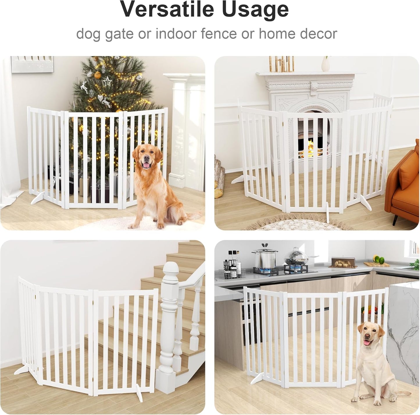 36" Height Extra Tall Freestanding Pet Gate, Solid Wood Folding Safety Fence Wooden Dog Gate with 2 PCs Support Feet Ideal for Stairs, Doorways, Halls, Kitchens, Heavy Duty Gates, 3 Panels, Oak