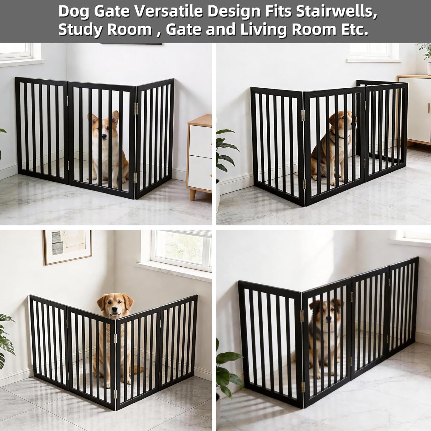 Dog Gate Indoor, Freestanding Dog Fence for The House, Doorways, Hallways,or Stairs,Pet Gate Foldable Wooden,Expandable 24" Height 3 Panels,White