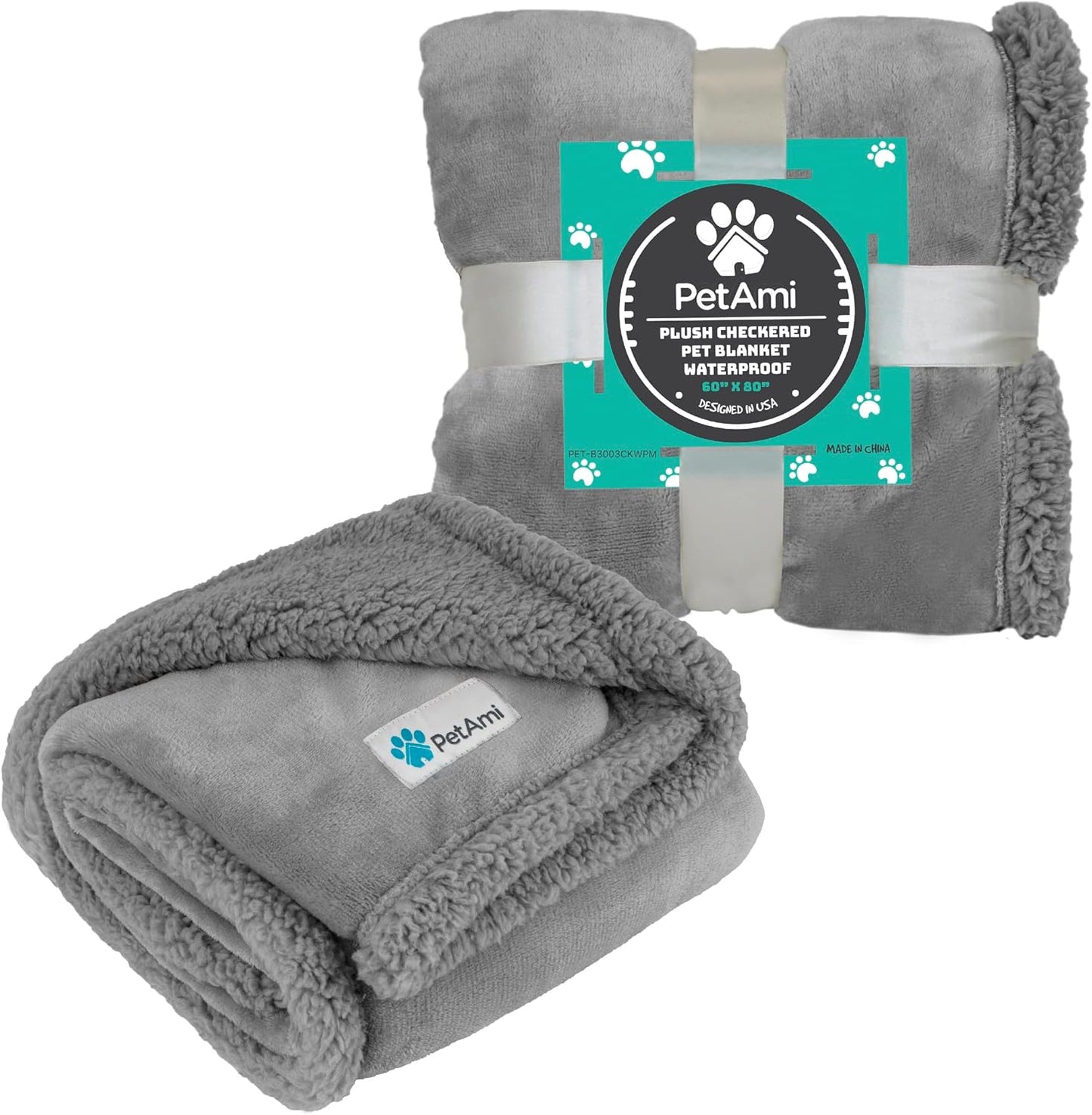 PetAmi Waterproof Dog Blanket for Couch, Large 60x40, Pee Proof Sherpa Fleece Reversible Pet Throw, Furniture Protector for Bed Sofa Kennel, Soft Washable Cover for Medium Dogs Cats, Grey Sherpa