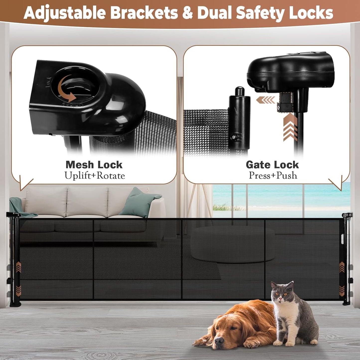 236" Retractable Baby Gate Extra Wide, 41" Tall Retractable Dog Gate for Stairs, Doorways, Decks, Mesh Gate Long Child Gate Pet Gate for Indoor, Outdoor, with Reinforced Mesh Rods, Dual Locks