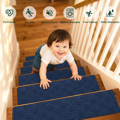 Stair Treads Non-Slip for Wooden Steps, 15Pack - 8" x 30" Edging Stair Runner Indoor for Kids Elders & Pets, Washable Carpet Stair Treads with Peel & Stick Reusable TPE Backing, Beige