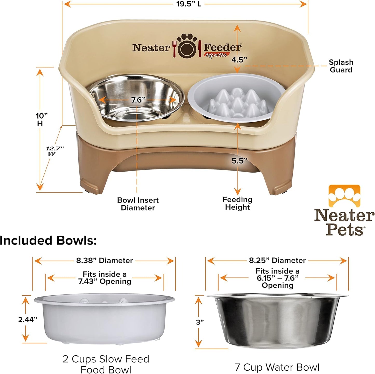 Neater Feeder Express Mess Proof Dog Bowls Elevated for Small Breeds under 15 Lb, Made in USA, No Spill Raised Dog Food Bowl Stand, Stainless Steel Food and Water Bowl Set, Feeding Station, Cappuccino
