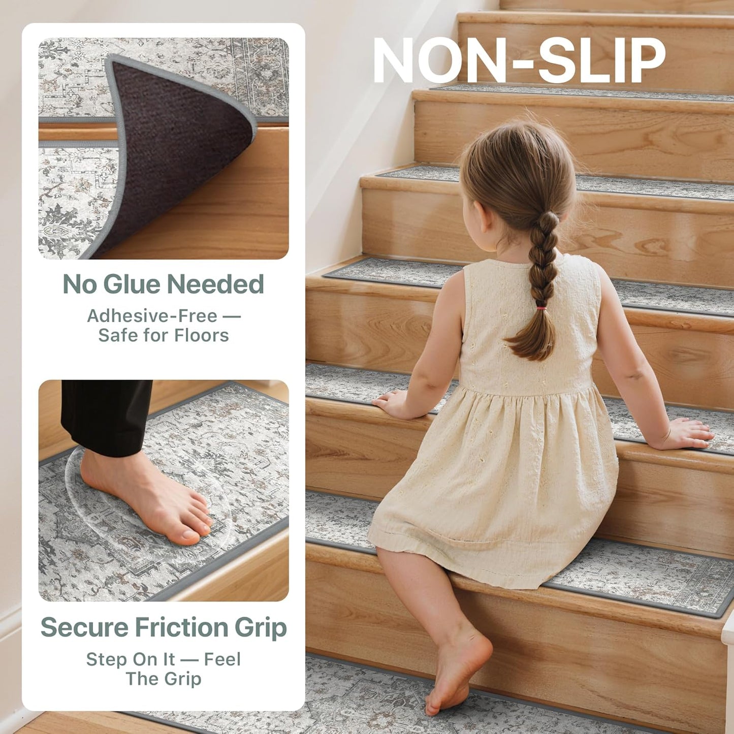 sarben Non Slip Stair Treads for Wooden Steps 15PCS - 8"x30" Indoor Safety Carpet, Edging Mats with TPE Adhesive Backing, Pet and Elderly Friendly Stair Rugs (Taupe) - Colors A