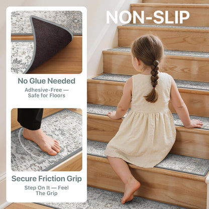 sarben Non Slip Stair Treads for Wooden Steps 15PCS - 8"x30" Indoor Safety Carpet, Edging Mats with TPE Adhesive Backing, Pet and Elderly Friendly Stair Rugs (Taupe) - Colors A