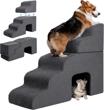 Garnpet Dog Stairs for High Beds, 4-Step Dog Steps for Small Dogs and Cats, Foldable Pet Stairs for High Bed Climbing, Non-Slip Balanced Pet Step Indoor, Dark Grey