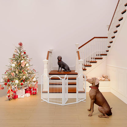 BHG Metal No-Assembly Freestanding Dog Gate with Door Walk Through, Extra Wide 144", Extra Tall 32" Pet Gate, Accordion Puppy Folding Playpen Dog Fence, with 2PCS Support (Black, 6 panesl)