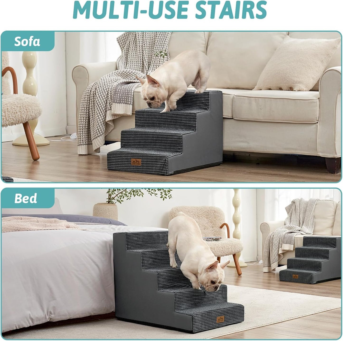 COZY KISS Dog Stairs for Small Dogs, 4 Tier Wider Pet Stairs for Couch and Beds, 17.7" H Non-Slip Dog Steps for Old Cats, Puppy, Small Medium Dogs, 17.7x23.6x17.7 inch, Beige