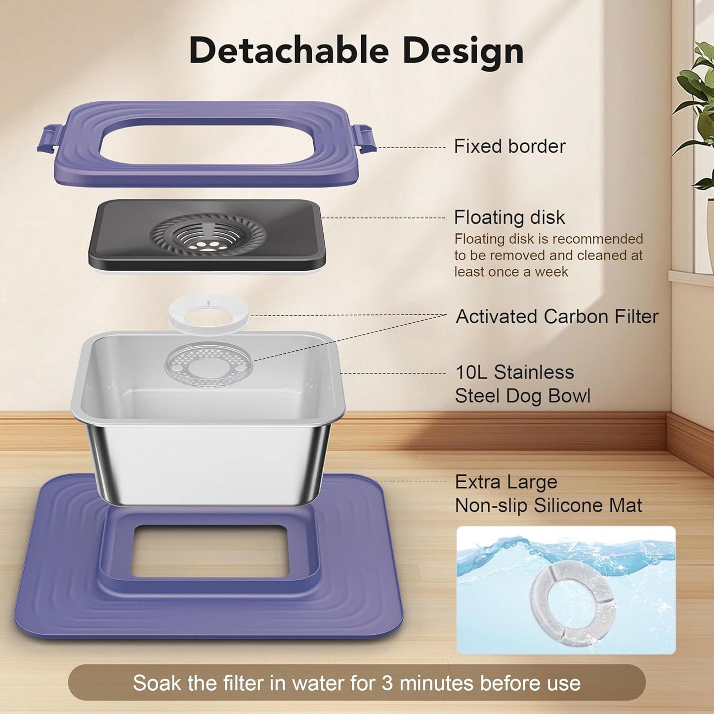 Decflow 10L Stainless Steel Dog Water Bowl, No Spill Anti-Splash Dog Bowls with XXL Silicone Mat, Spill-Proof Slow Feeder for Messy Drinkers, Heavy Duty Pet Bowls for Indoor/Outdoor Use Grey