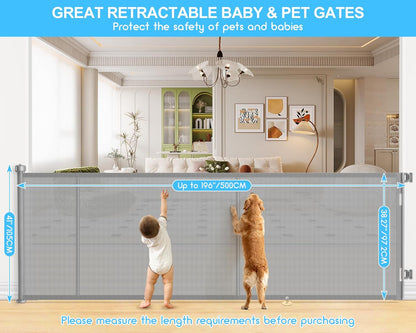 Upgrade 120 inch Retractable Baby Gates, EZIGO Extra Wide Baby Gate for Large Opening Extra Long Mesh Gate for Kids or Pet Dog Gate Child Safety Gate for Stairs Hallways Doorway Indoor Outdoor, Gray
