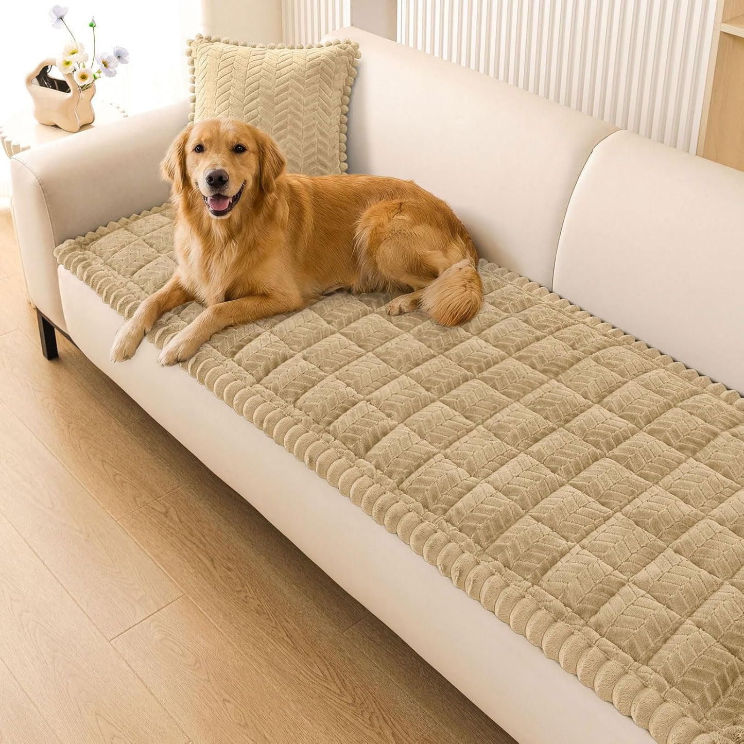Smiry Non Slip Couch Covers for Dogs, Fuzzy Pet Couch Covers for 2-3 Cushion Sofa Pet Friendly, Soft Sofa Slipcovers Cushion Furniture Protector Washable (Beige, 27.6" x 59")