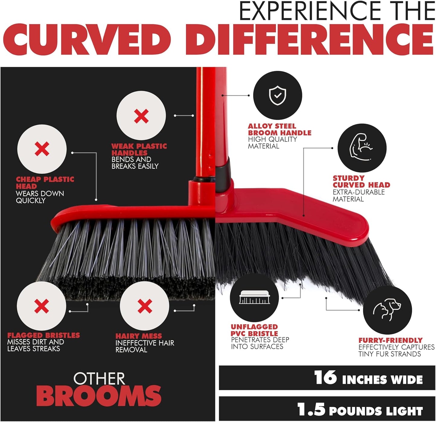 Da Vinci Angle Broom Dustpan Combo Set – Pack of 2, 16" Curved Head, 52" Adjustable Telescopic Handle, Soft PVC Bristles, Indoor Outdoor Broom and Dustpan Set for Kitchen, Pet Hair, Dust & Debris