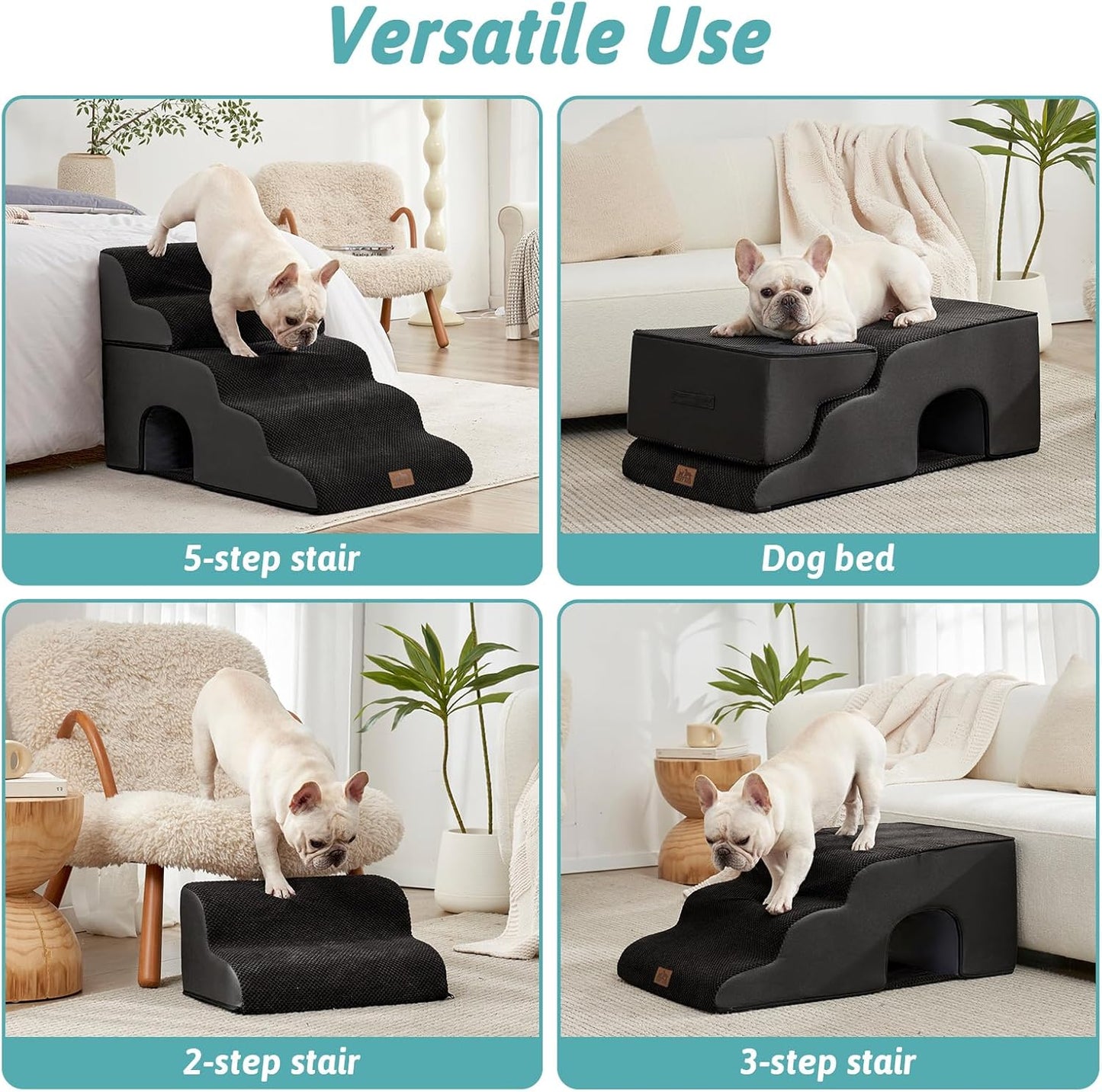 COZY KISS Extra Wide Dog Stairs with Tunnel, Foam Detachable Large Dog Step for Small Pet, Puppy or Cats, Medium Pet Ramp for High Bed, Couch, Sofa or Car, 19.7x33x22.4 inch, 5 Step, Beige