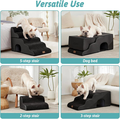 COZY KISS Extra Wide Dog Stairs with Tunnel, Foam Detachable Large Dog Step for Small Pet, Puppy or Cats, Medium Pet Ramp for High Bed, Couch, Sofa or Car, 19.7x33x22.4 inch, 5 Step, Beige