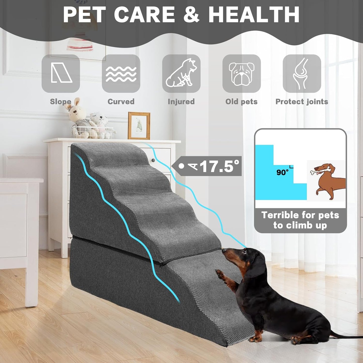 Dog Stairs for High Beds 30-36 inches Tall, 6-Step Dog Steps for Bed 32-36 inches for Small Large Dogs, Doggie Ramp for Bed, 30D Foam Pet Stairs for Old Dogs/Cats, Free-Installation, Grey