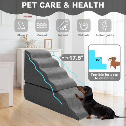 Dog Stairs for High Beds 30-36 inches Tall, 6-Step Dog Steps for Bed 32-36 inches for Small Large Dogs, Doggie Ramp for Bed, 30D Foam Pet Stairs for Old Dogs/Cats, Free-Installation, Grey