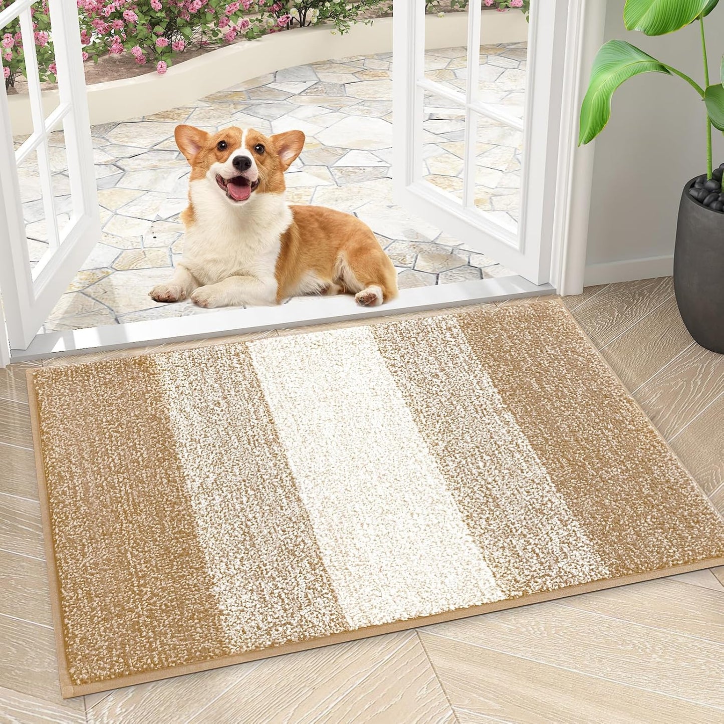 Smiry Dog Door Mat for Muddy Paws, Absorbs Moisture and Dirt, Low-Profile Entryway Mat with Non-Slip Backing, Entry Indoor Outdoor Doormat for Inside Floor (30x20 Inches, Grey, Striped)