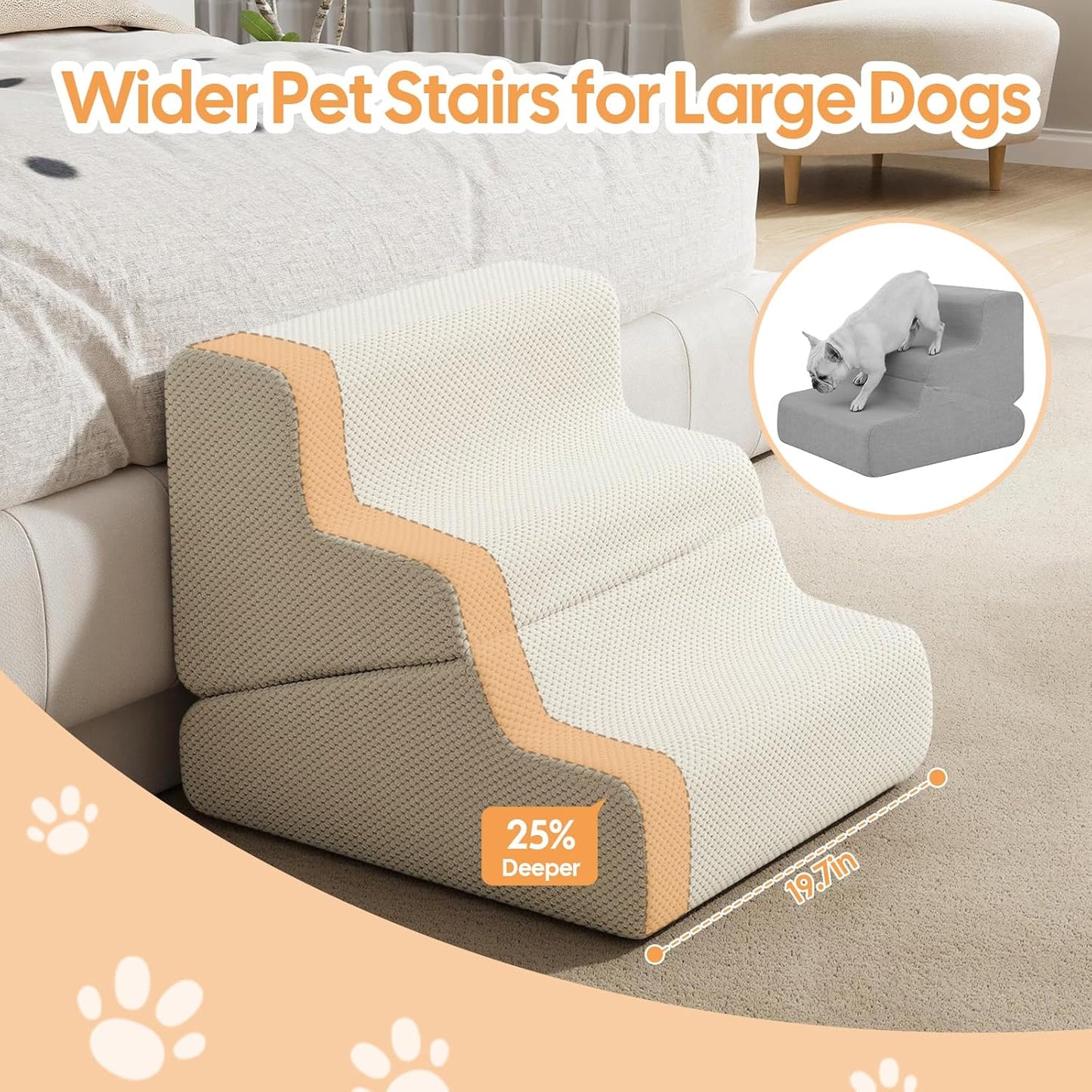 Dog Ramp for Bed, 23" H Dog Stairs for High Bed, 2 in 1 Pet Steps for Small Dogs, 5-Step Foldable Transformable Large Cats Ramp to Get on Couch, Non-Slip Balanced, Grey