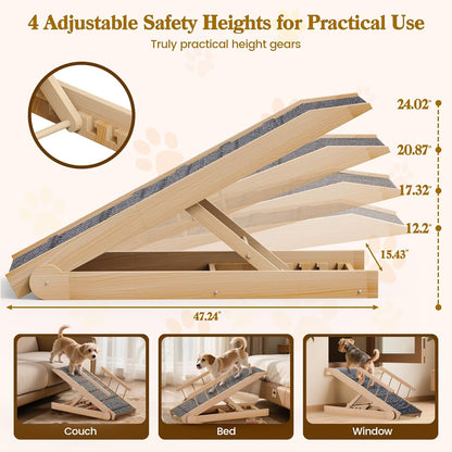 47" Long Non-Slip Portable Pet Ramp for Small Large Dogs, Dog Ramp for Bed, Wooden Adjustable Dog Ramps for Bed, Couch, Height from 12" to 24", Up to 200LBS
