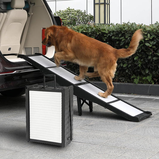 Foldable Dog Ramp for Cars, 8 Adjustable Heights Pet Ramp with Support Legs, Non-Slip & Easy to Clean Portable Dog Ramp, Supports 220 lbs, Foldable to Carry-On Size, Ideal for Large Dogs