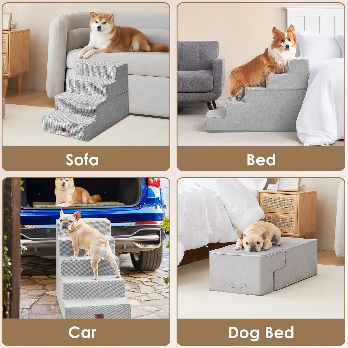 EHEYCIGA Dog Stairs for High Bed 22.5" H, 5-Step Dog Steps for Bed, Pet Steps for Small Dogs and Cats, Non-Slip Balanced Pet Ramp Indoor, Grey