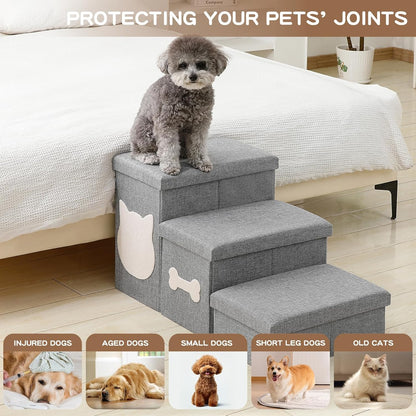 Wider Dog Steps for Bed 17" H, Foldable Dog Stairs with Storage, Non-Slip Pet Steps for Small Medium Large Dogs, Arthritis-Friendly Pet Stairs for Couch and Car Up to 200 lbs, Grey, 3 Steps