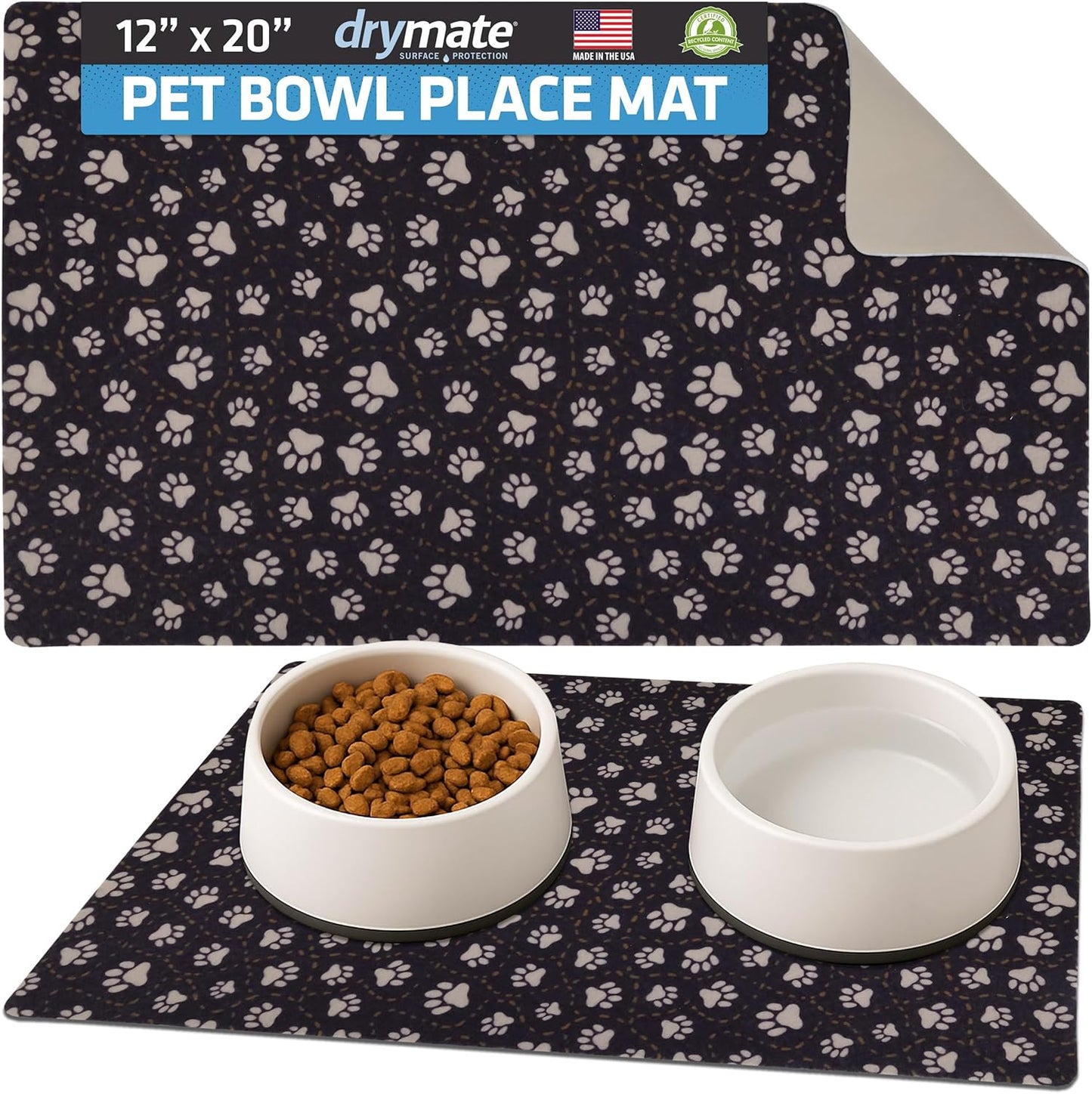 Drymate Pet Bowl Placemat, Dog & Cat Food Feeding Mat - Absorbent Fabric, Waterproof Backing, Slip-Resistant - Machine Washable/Durable (USA Made) (12” x 20”) (Indigo)