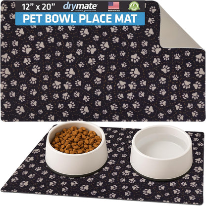 Drymate Pet Bowl Placemat, Dog & Cat Food Feeding Mat - Absorbent Fabric, Waterproof Backing, Slip-Resistant - Machine Washable/Durable (USA Made) (12” x 20”) (Indigo)