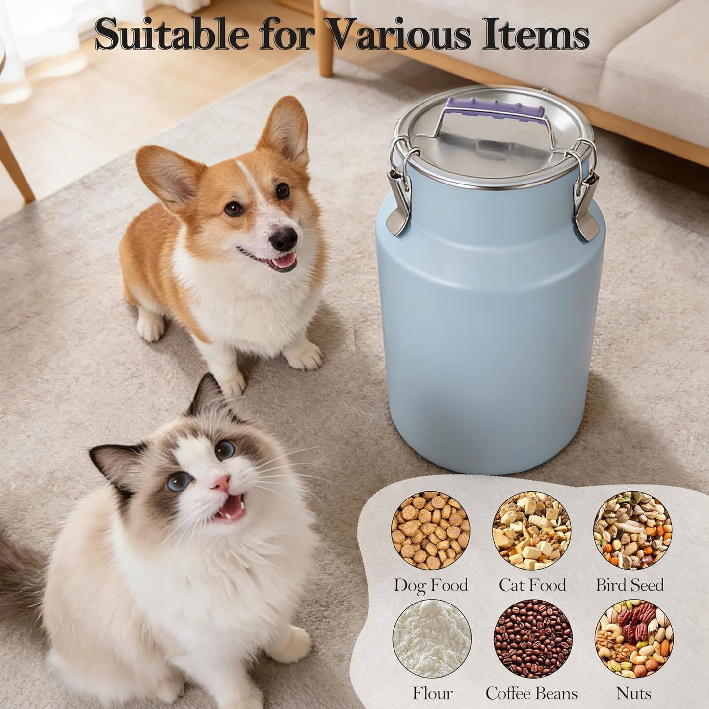 30 lb Stainless Steel Dog Food Storage Container, Airtight Metal Canister with Lid & Scoop, Extra Large Capacity for Multi-Pet Families, Preserve Freshness