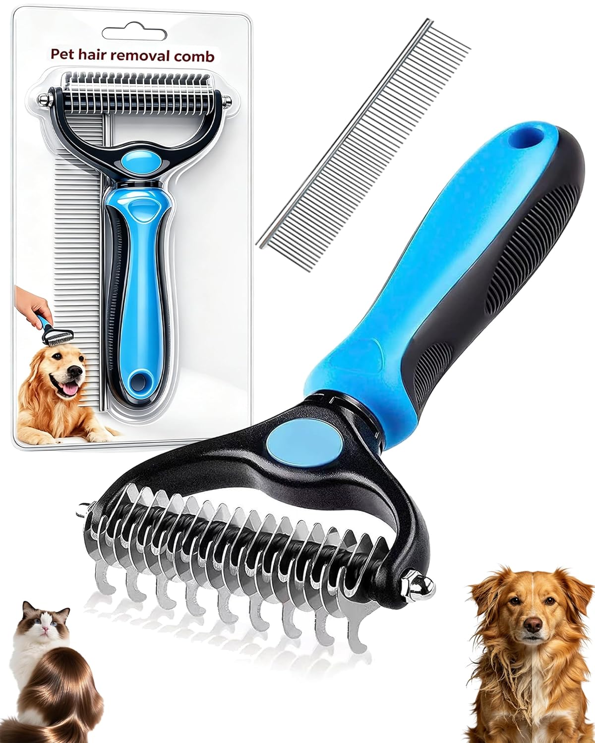 Dual-Sided Pet Grooming Comb for Dogs & Cats – 2-in-1 Dematting Brush & Undercoat Rake for Long, Thick, Curly & Double-Coated Pets (2pcs-Pink)