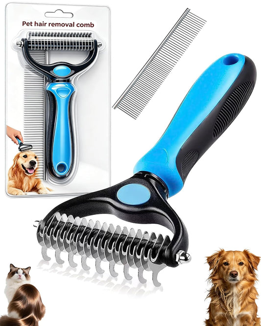 Dual-Sided Pet Grooming Comb for Dogs & Cats – 2-in-1 Dematting Brush & Undercoat Rake for Long, Thick, Curly & Double-Coated Pets (2pcs-Pink)
