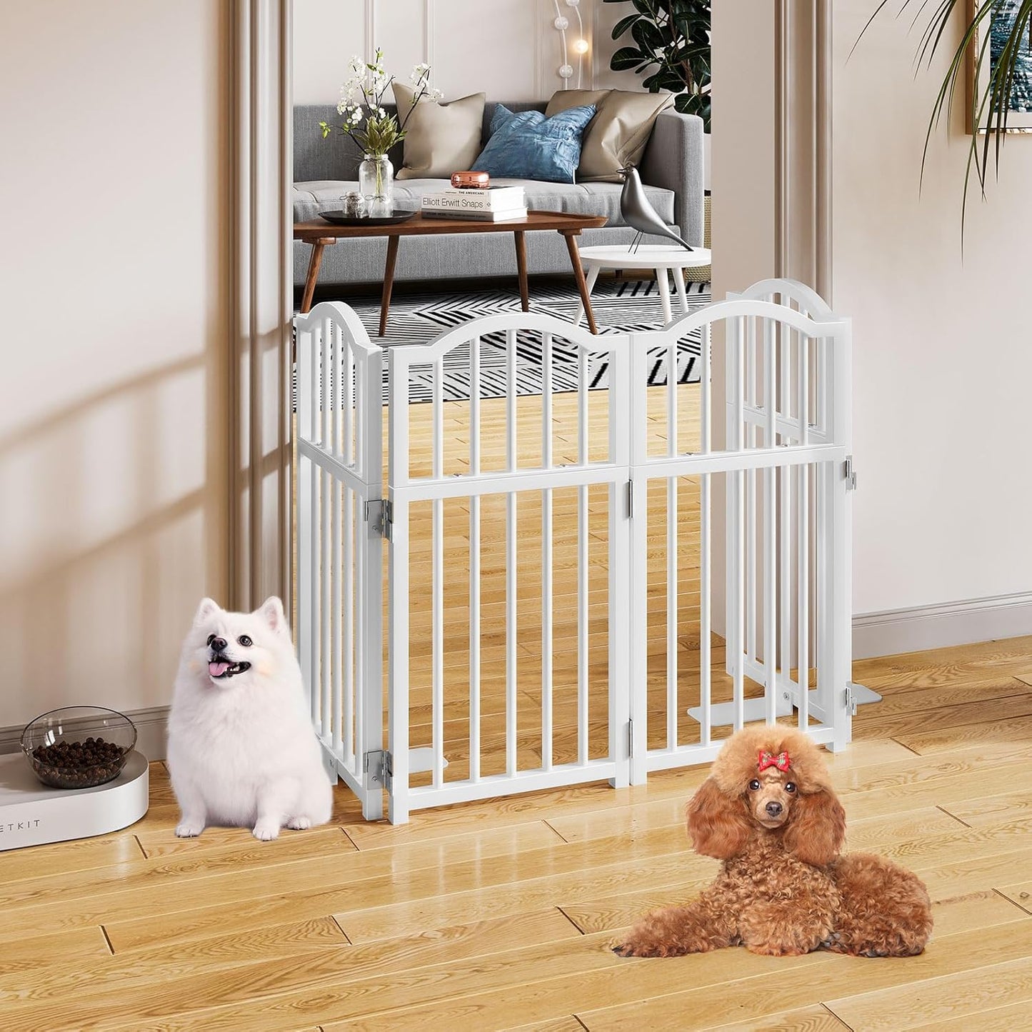 Snughome Short Dog Gate Indoor, 16" High Freestanding Small Dog Door Gates with Support Feet, Expands Up to 48’’ Wide Foldable Pet Gate for Doorway, 4 Panel Folding Pet Door Pet Fence for Puppy, White