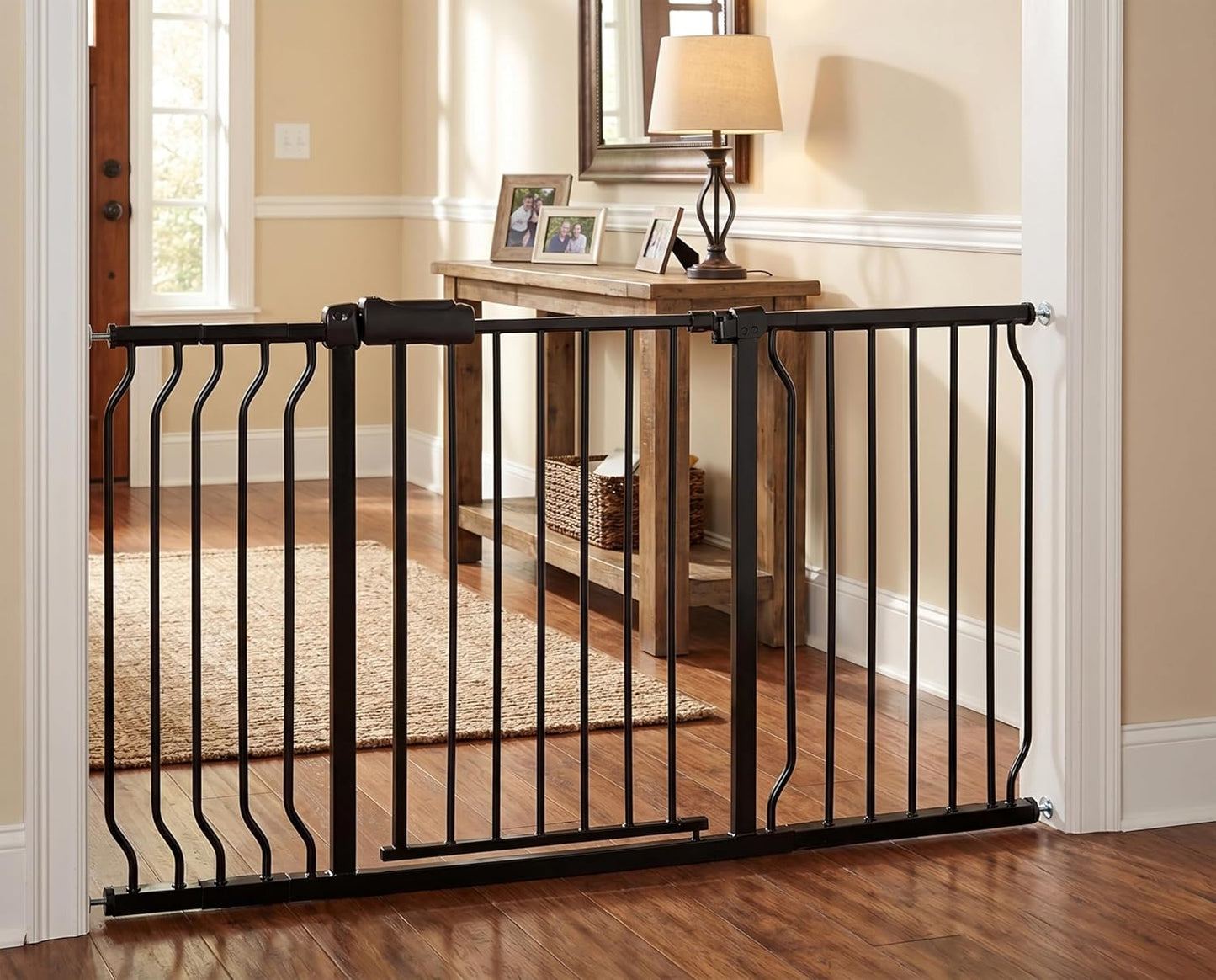 Extra Wide Baby Gate 85.8-90.5" Dog Gate Indoor Pressure Mounted No Drill Safety Gate for Large Entries, Kitchen,Stairs & Doorways, Black Metal Indoor Pet Gate for Kids & Dogs