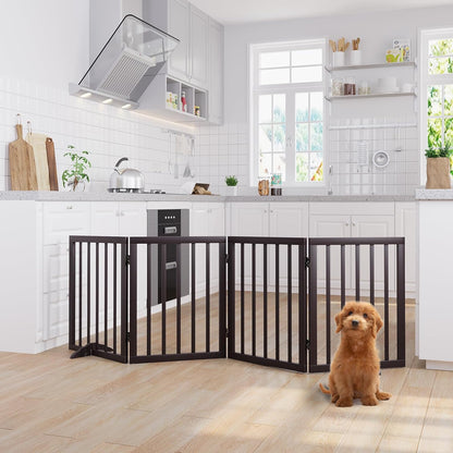 Freestanding Dog Gates Indoor, 3-Panel Pet Gates with 2 Metal Stands and 360° Hinge, 24" H Foldable Dog Gate for Stairs, Doorway, Kitchen, Expands Up to 55" Fully Assembled - Black Walnut
