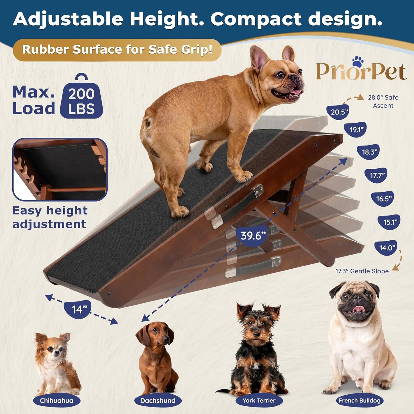 Dog Ramp for Couch – Non-Slip, Sturdy Build Foldable Wooden Dog Ramp – Supports up to 200 lbs – 7 Adjustable Heights (14"–20.5") – Enhanced Stability – Birchwood Pet Ramp for Small Dogs – Gray