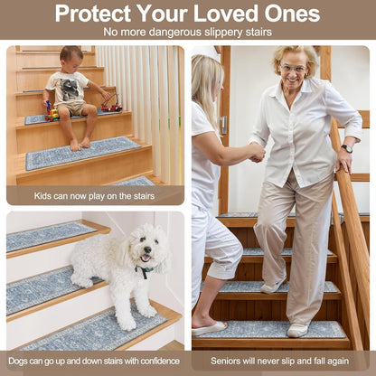 OJIA Extra Non-Slip Stair Treads for Wooden Steps 15PCS, 30"X8" Rubber Indoor Stair Runner Slip Resistant Stair Rugs Safety Mats for Dogs, Kids & Elders, Stairway Grip Step Treads, Gray