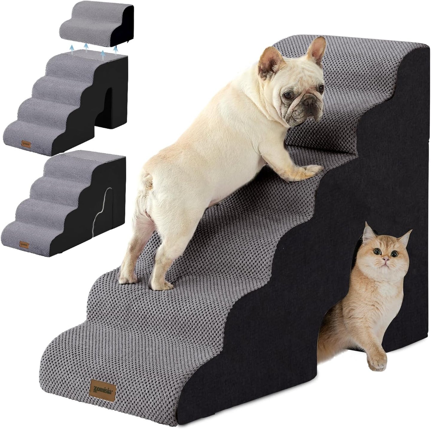 ZOMISIA Dog Ramp for Large Dogs - 24"H 5-Step Pet Stairs for High Beds with Tunnel, 2-in-1 Design with Zippers, Suitable for Indoor Cat Ladders with Non-Slip Bottom, Beige